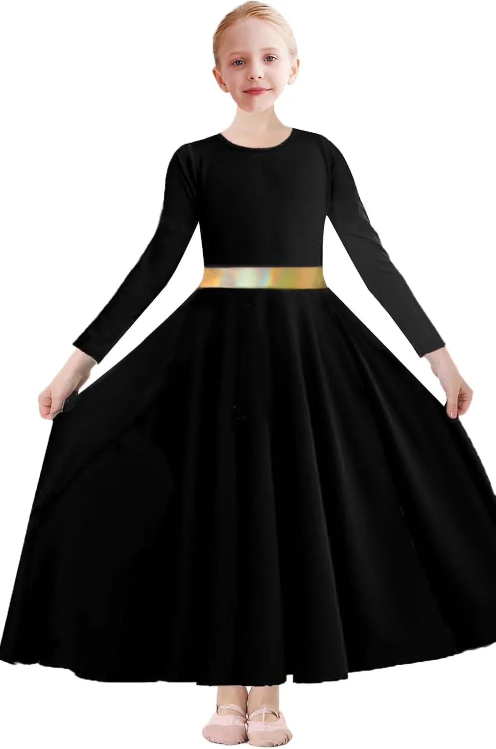 Girls Praise Dance Dress Metallic Gold Liturgical Worship Church Robe Full Length Swing Lyrical Costume