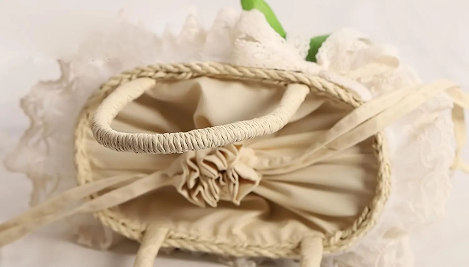 GK-O Mori Girls Handmade Straw Basket Woven Bag Sweet Knit Lolita Lace Summer Rattan Bag