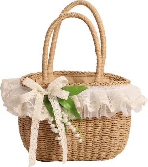 GK-O Mori Girls Handmade Straw Basket Woven Bag Sweet Knit Lolita Lace Summer Rattan Bag