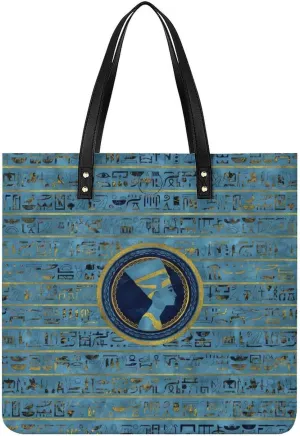 Gold Blue Egyptian Egypt Hieroglyphs Women Tote Bags Top Handle Satchel Handbags PU Faux Leather Tassel Shoulder Purse