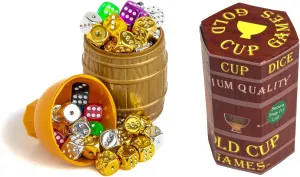 Gold Cup Dice - Play Liars Bluff, Farkle, Yacht, Balut, and Over 28 Other Dice Games - 2 to 12 Players - Premium Electroplated Dice - Perfect Travelling Game