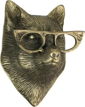 Gold Fox Head Wall Hanging with Cat’s Eye Glasses – 6" High, Whimsical Cast Aluminum Decor, Metallic Gold Finish, Unique Animal-Themed Wall Accent for Home or Office