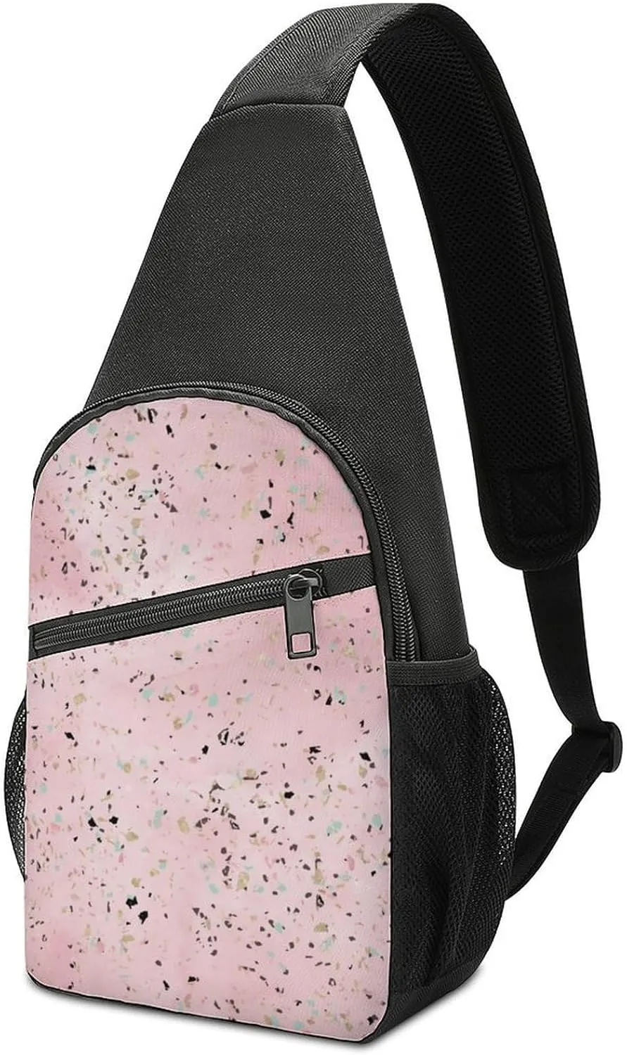 Gold Marble Terrazzo Design Chest Bag with Mesh Pockets on Both Sides And Main Bag Design