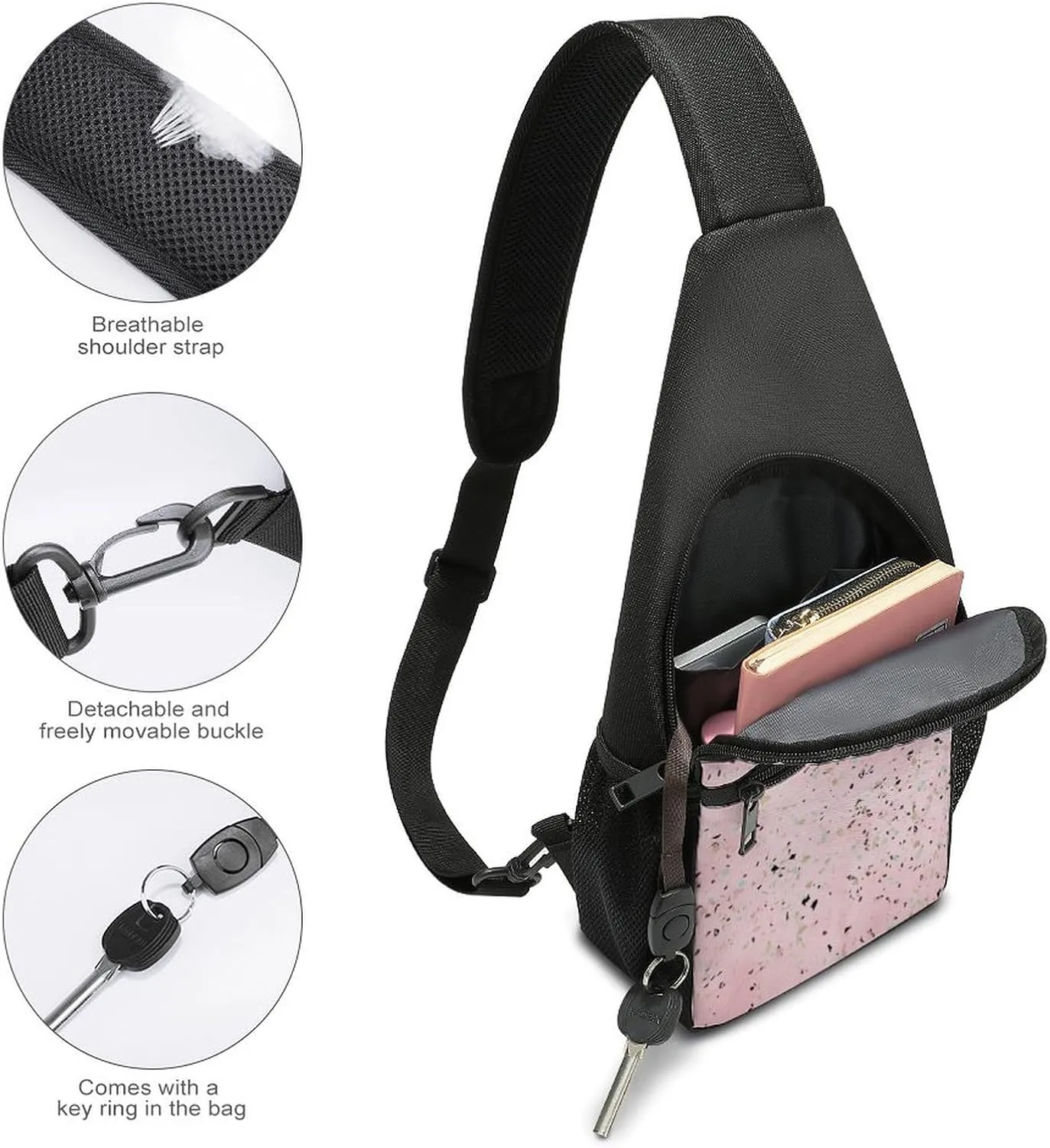 Gold Marble Terrazzo Design Chest Bag with Mesh Pockets on Both Sides And Main Bag Design