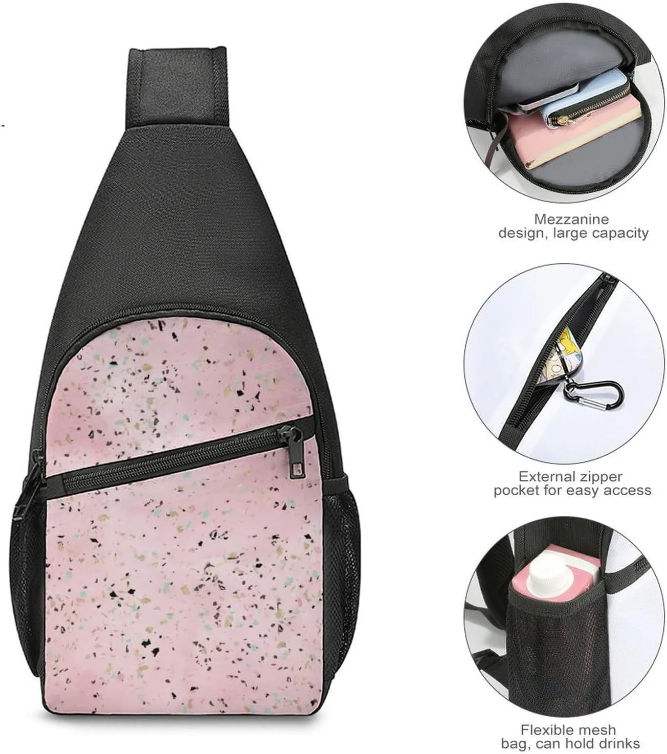 Gold Marble Terrazzo Design Chest Bag with Mesh Pockets on Both Sides And Main Bag Design