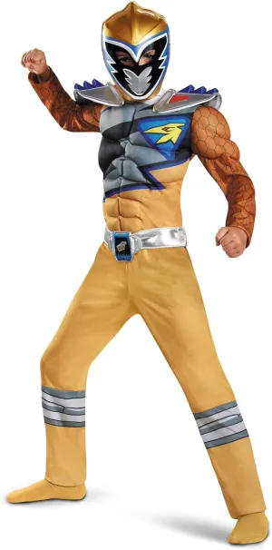 Gold Power Rangers Costume for Kids. Official Licensed Gold Ranger Dino Charge Classic Muscle Power Ranger Suit with Mask for Boys & Girls, Medium (7-8)