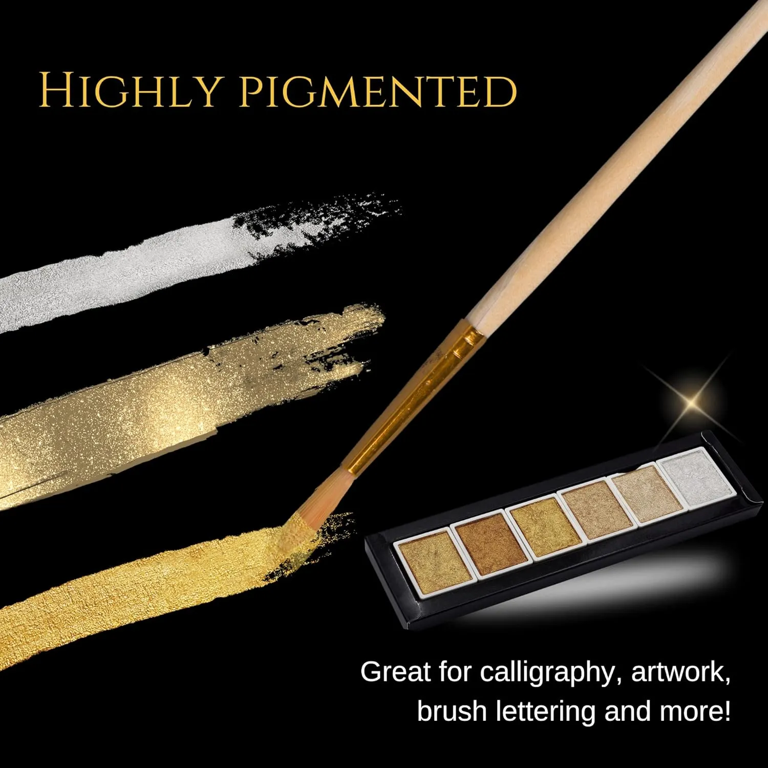Golden Artistry: 6 Metallic Watercolor Paints Including Lustrous Gold for Professional Artwork