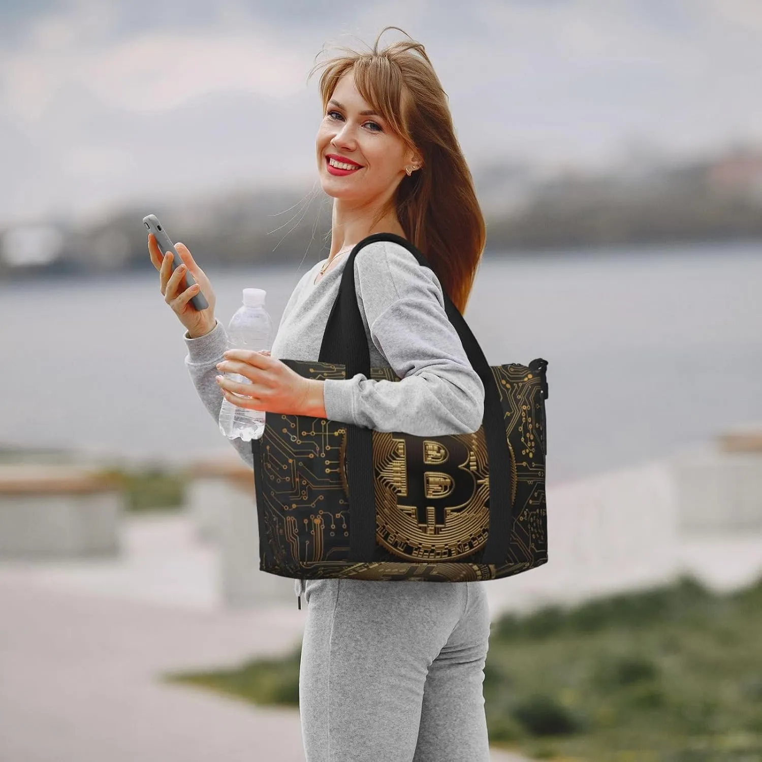 golden bitcoin on circuit board backgr print Travel Duffel Bag, Sports Tote Gym Bag, Swim Pool Bag Large Shoulder Tote Bag for Beach Weekender, 202-406-121