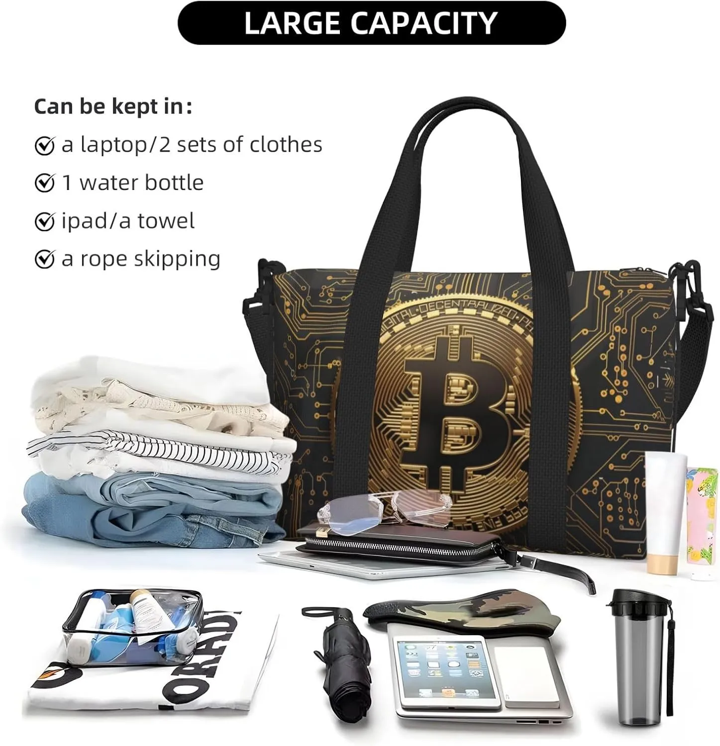 golden bitcoin on circuit board backgr print Travel Duffel Bag, Sports Tote Gym Bag, Swim Pool Bag Large Shoulder Tote Bag for Beach Weekender, 202-406-121