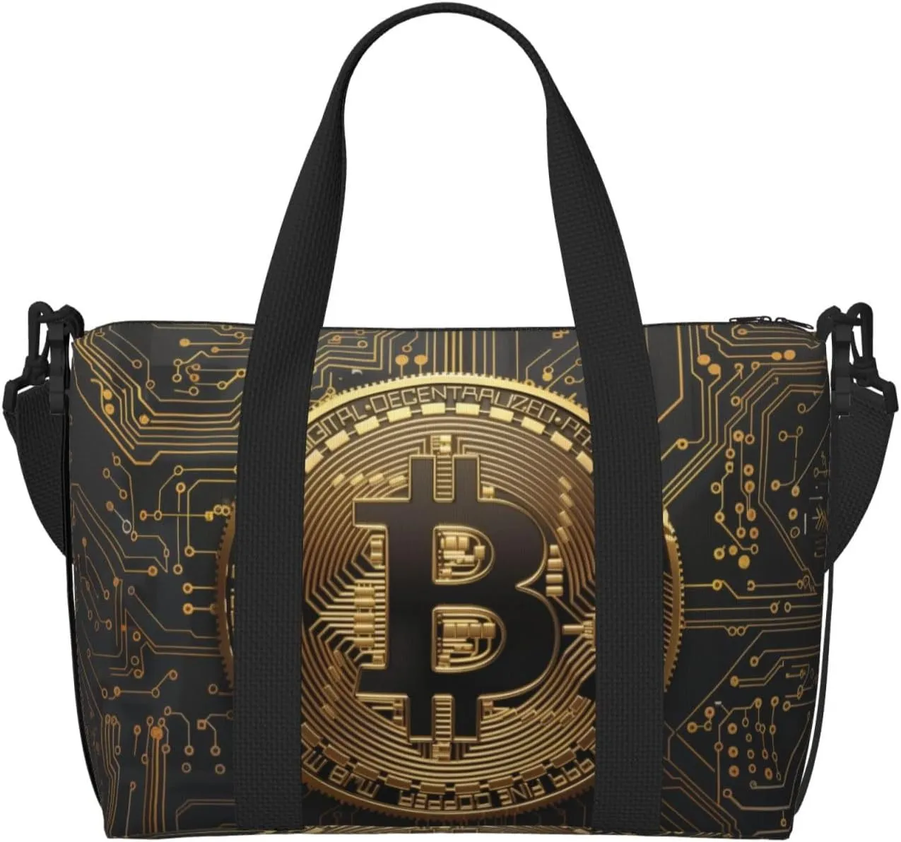 golden bitcoin on circuit board backgr print Travel Duffel Bag, Sports Tote Gym Bag, Swim Pool Bag Large Shoulder Tote Bag for Beach Weekender, 202-406-121