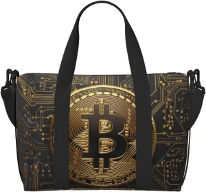 golden bitcoin on circuit board backgr print Travel Duffel Bag, Sports Tote Gym Bag, Swim Pool Bag Large Shoulder Tote Bag for Beach Weekender, 202-406-121