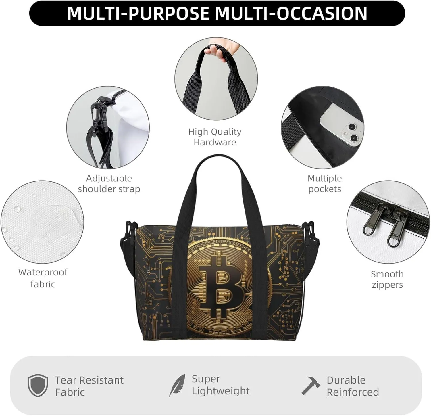 golden bitcoin on circuit board backgr print Travel Duffel Bag, Sports Tote Gym Bag, Swim Pool Bag Large Shoulder Tote Bag for Beach Weekender, 202-406-121