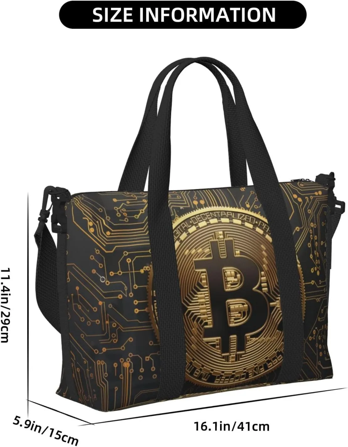 golden bitcoin on circuit board backgr print Travel Duffel Bag, Sports Tote Gym Bag, Swim Pool Bag Large Shoulder Tote Bag for Beach Weekender, 202-406-121