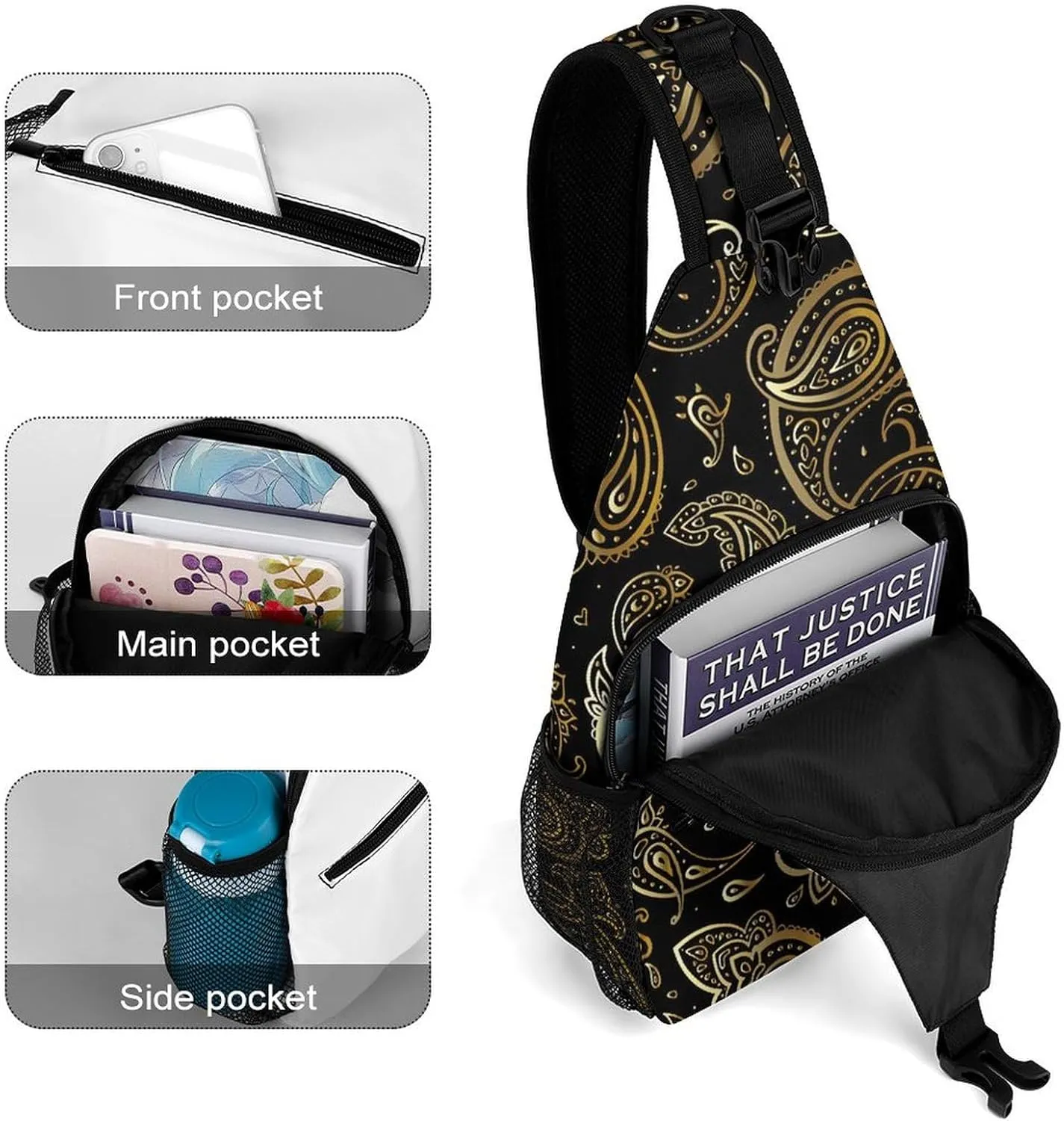 Golden Paisley A Spacious And Large Capacity Portable Adjustable Chest Bag