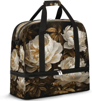 Golden Peony Glory Travel Duffel Bag, Travel Essentials, Gym Bag for Women, Weekender Overnight Bag With Shoes Compartment, Carry On Bags for Airplanes