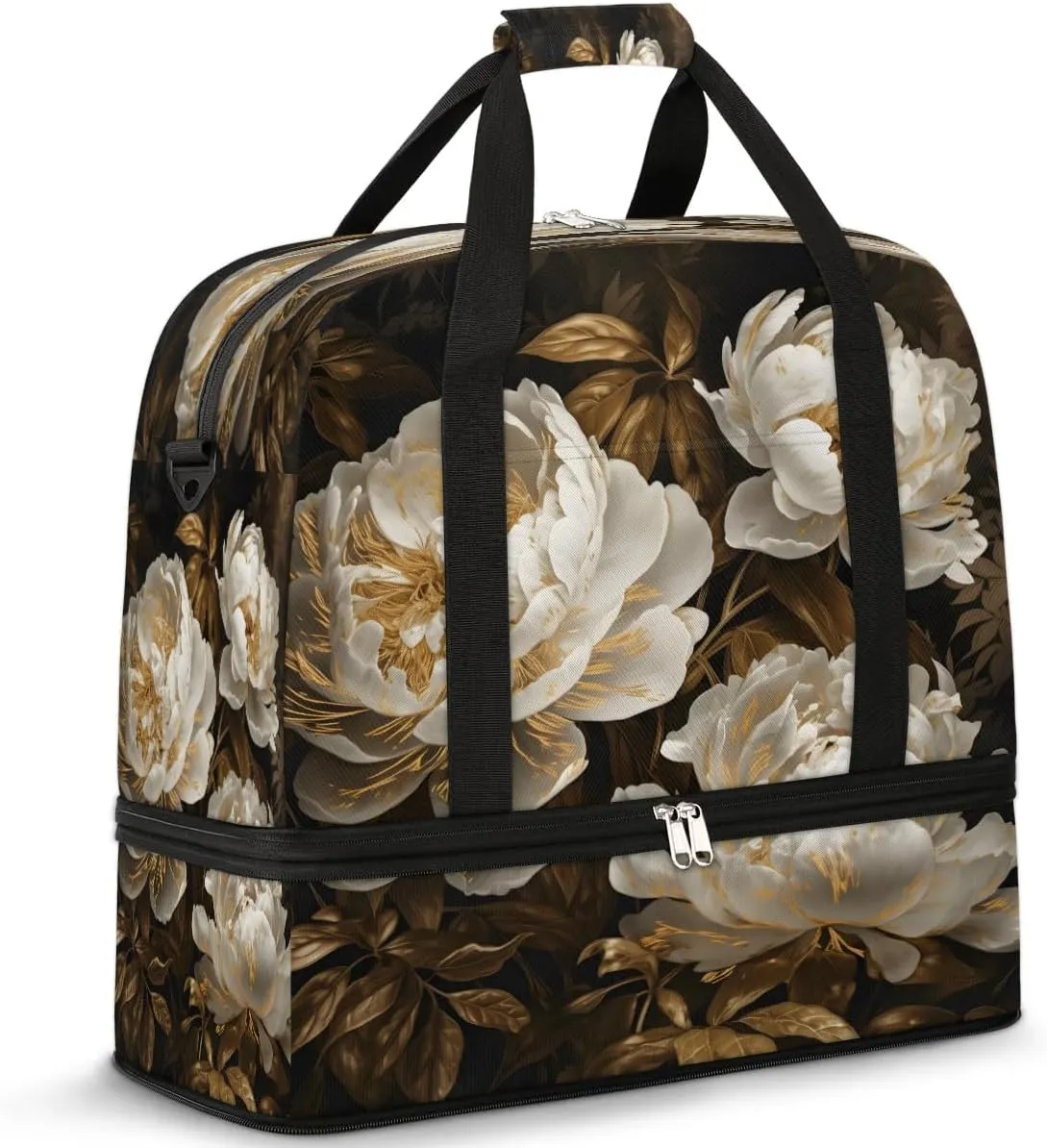 Golden Peony Glory Travel Duffel Bag, Travel Essentials, Gym Bag for Women, Weekender Overnight Bag With Shoes Compartment, Carry On Bags for Airplanes
