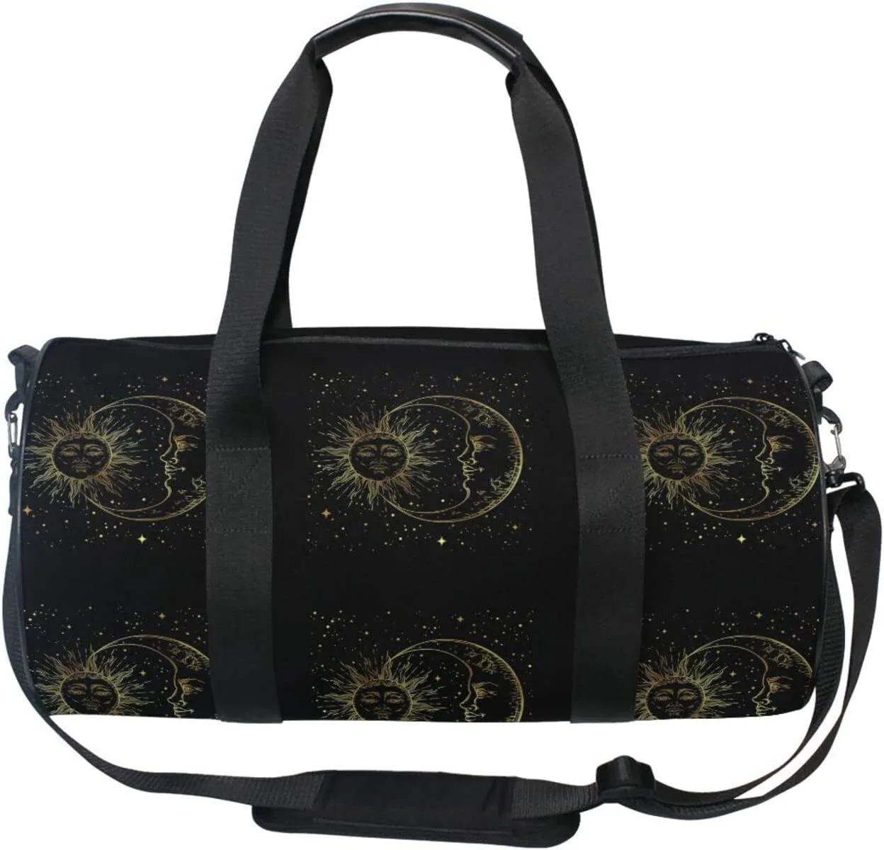 Golden Sun, Crescent Moon and Gold Stars over Black Galaxy Sky Duffel Bag, Foldable Canvas Travel Tote for Gym Sports with Inner Pockets, Durable Lightweight Fitness Bag for Overnight Workout