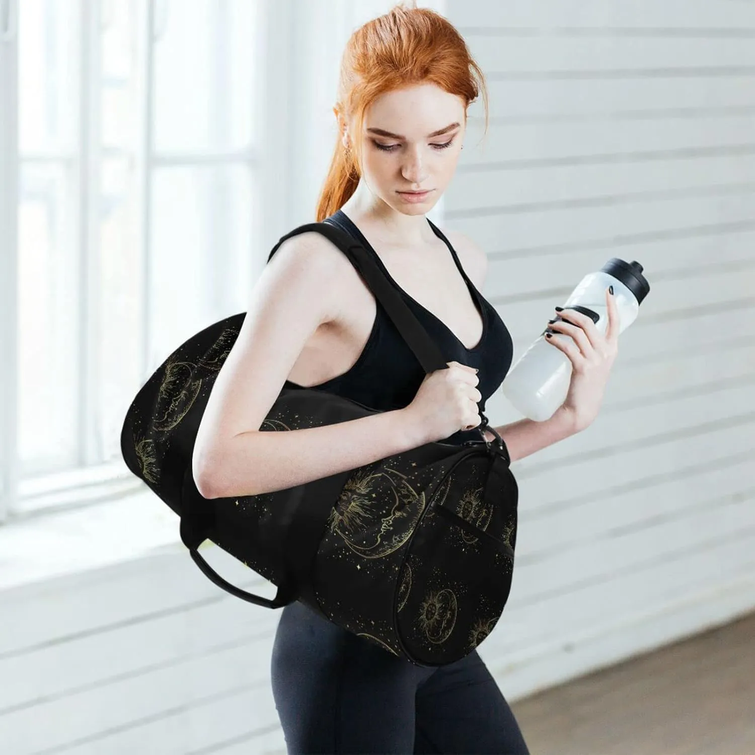 Golden Sun, Crescent Moon and Gold Stars over Black Galaxy Sky Duffel Bag, Foldable Canvas Travel Tote for Gym Sports with Inner Pockets, Durable Lightweight Fitness Bag for Overnight Workout