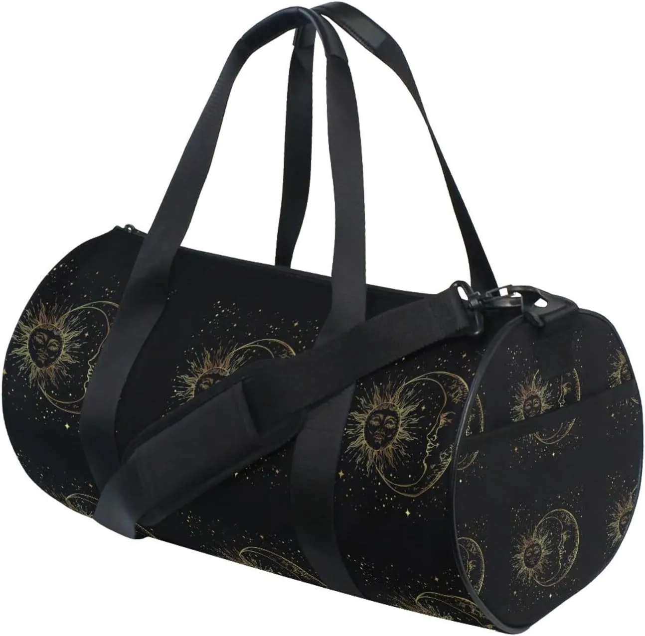 Golden Sun, Crescent Moon and Gold Stars over Black Galaxy Sky Duffel Bag, Foldable Canvas Travel Tote for Gym Sports with Inner Pockets, Durable Lightweight Fitness Bag for Overnight Workout