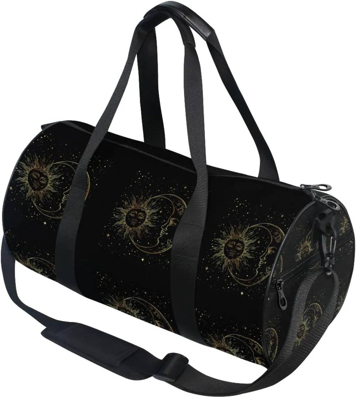 Golden Sun, Crescent Moon and Gold Stars over Black Galaxy Sky Duffel Bag, Foldable Canvas Travel Tote for Gym Sports with Inner Pockets, Durable Lightweight Fitness Bag for Overnight Workout