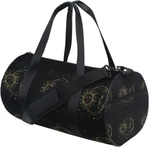 Golden Sun, Crescent Moon and Gold Stars over Black Galaxy Sky Duffel Bag, Foldable Canvas Travel Tote for Gym Sports with Inner Pockets, Durable Lightweight Fitness Bag for Overnight Workout
