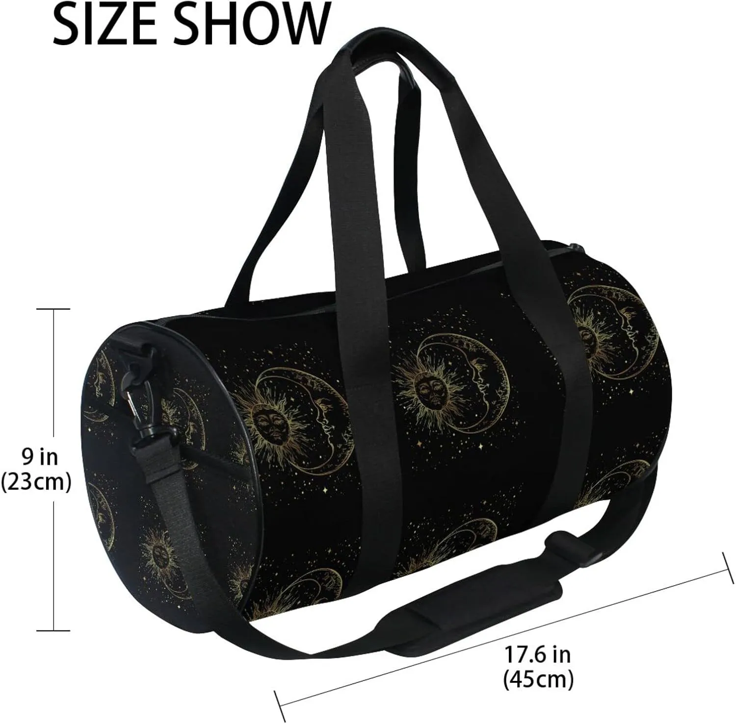 Golden Sun, Crescent Moon and Gold Stars over Black Galaxy Sky Duffel Bag, Foldable Canvas Travel Tote for Gym Sports with Inner Pockets, Durable Lightweight Fitness Bag for Overnight Workout