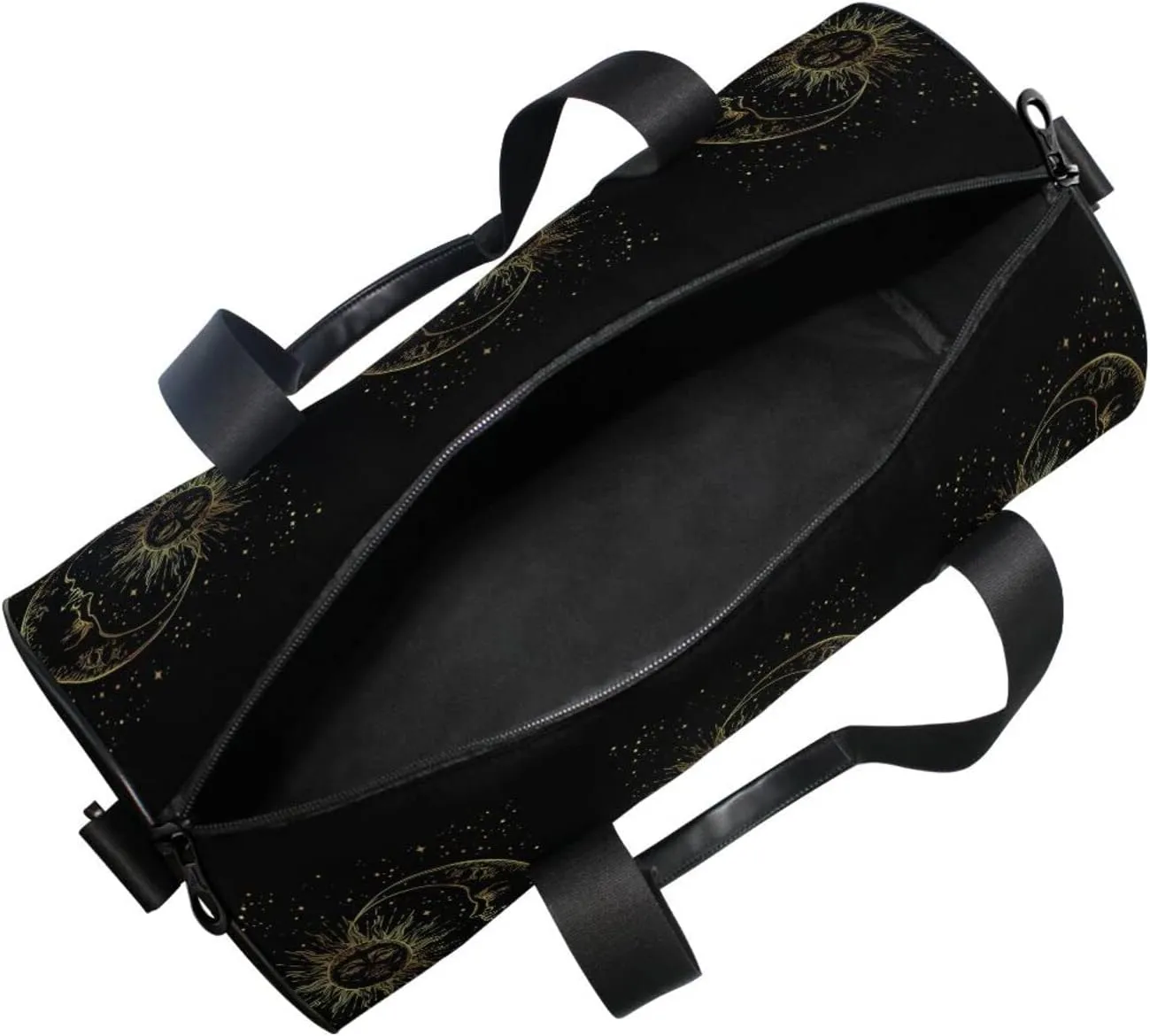 Golden Sun, Crescent Moon and Gold Stars over Black Galaxy Sky Duffel Bag, Foldable Canvas Travel Tote for Gym Sports with Inner Pockets, Durable Lightweight Fitness Bag for Overnight Workout