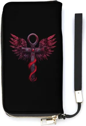 Gothic Silver Ankh Vampire with Red Wings Women's Wristlet Wallet Long Slim Purse Card Holder Clutch Handbag