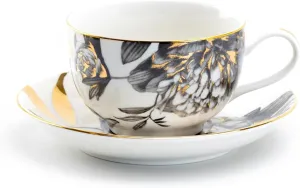 Grace Teaware Black Gold Peony Fine Porcelain Tea Cup and Saucer Set