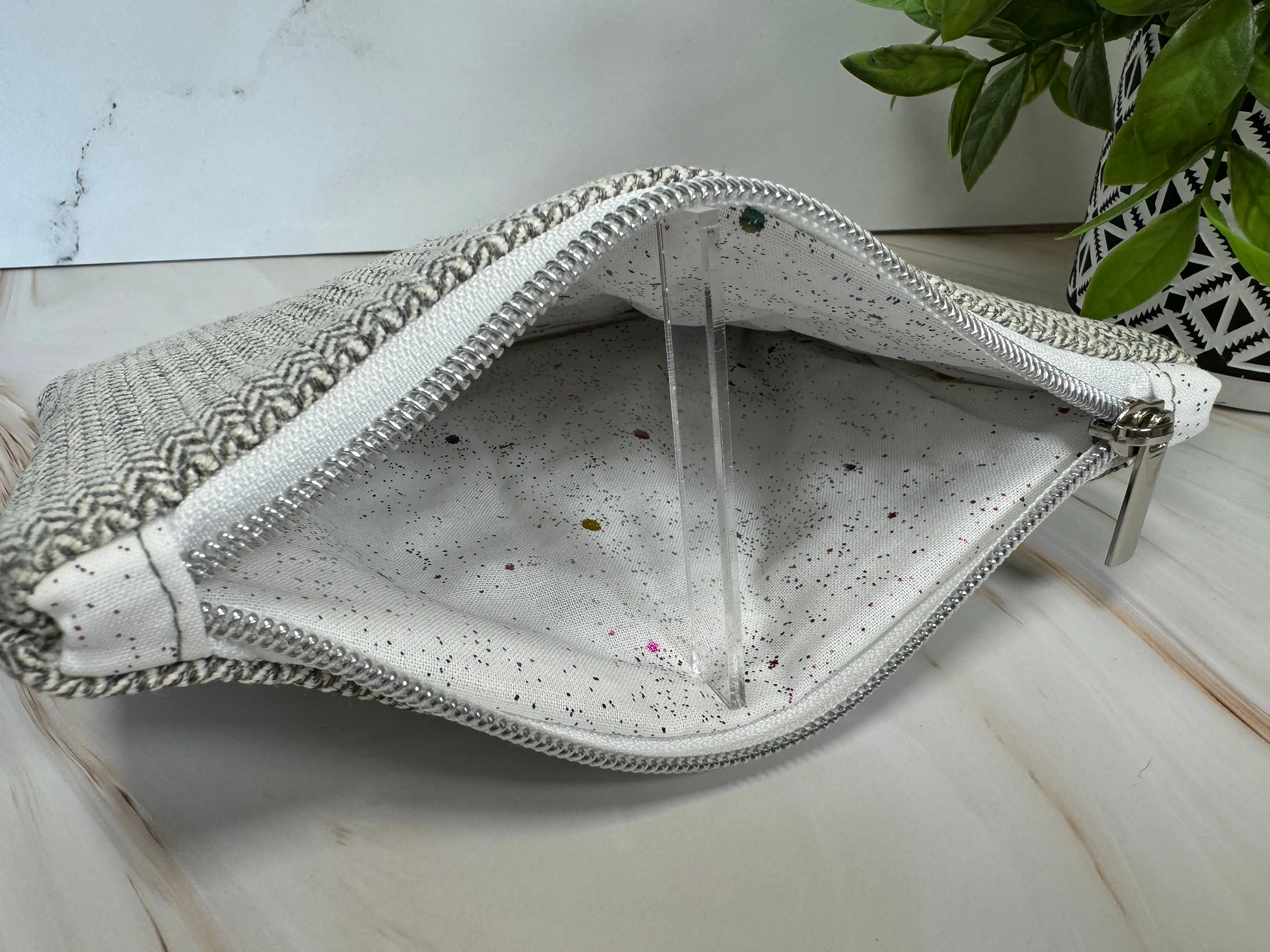 Gray Herringbone Plush Zipper Bag- Medium