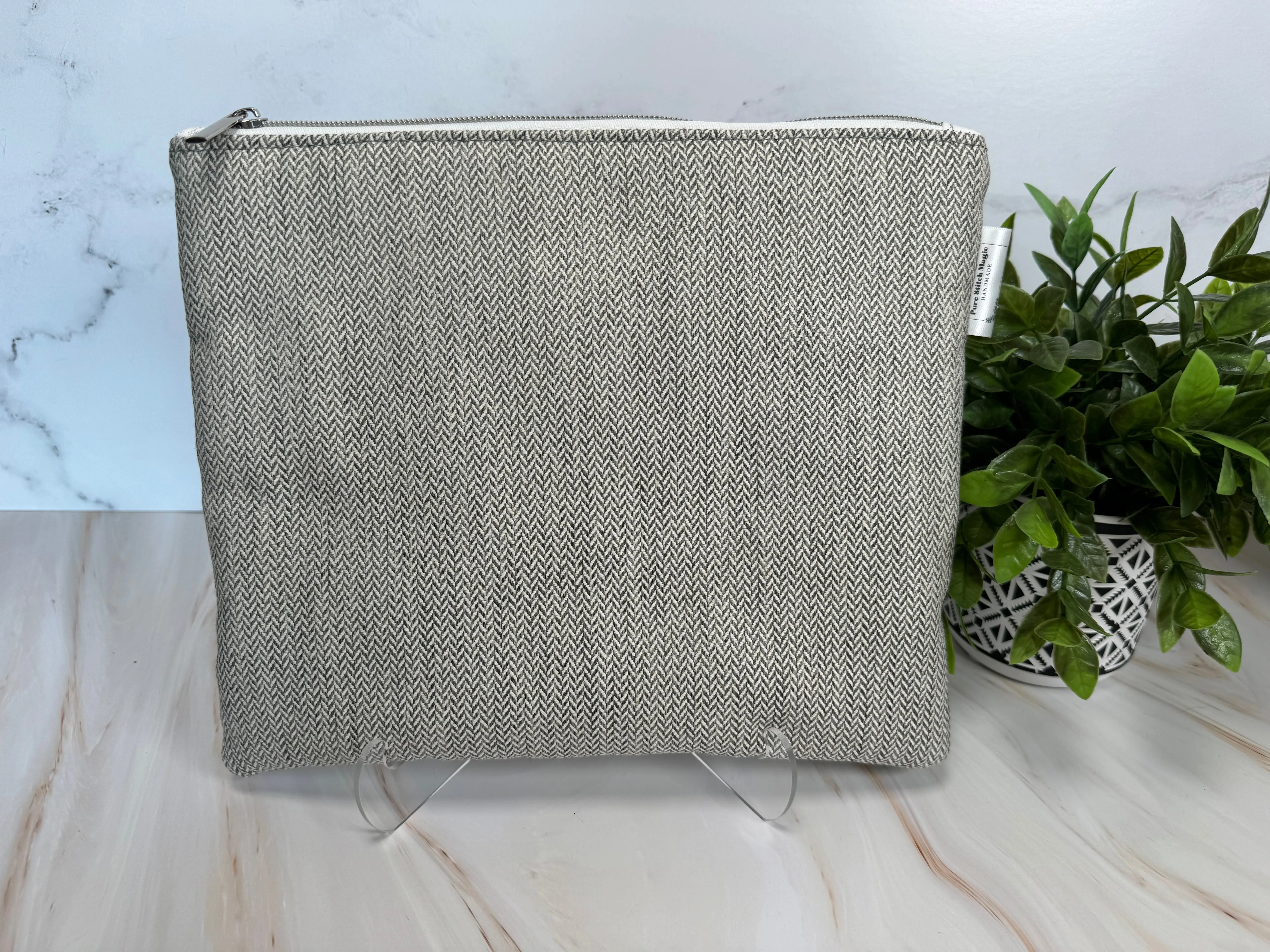Gray Herringbone Plush Zipper Bag- Medium