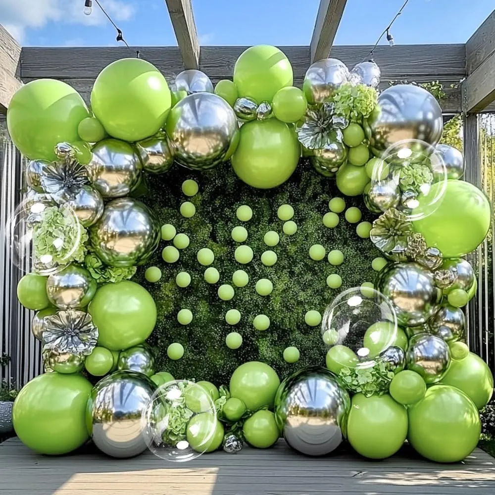 Green Silver Balloon Garland Arch - Metallic Silver Lime Green Pearl Balloon Kit for Baby Shower Birthday Wedding Bridal Shower Graduation Jungle Safari Themed Party Decorations