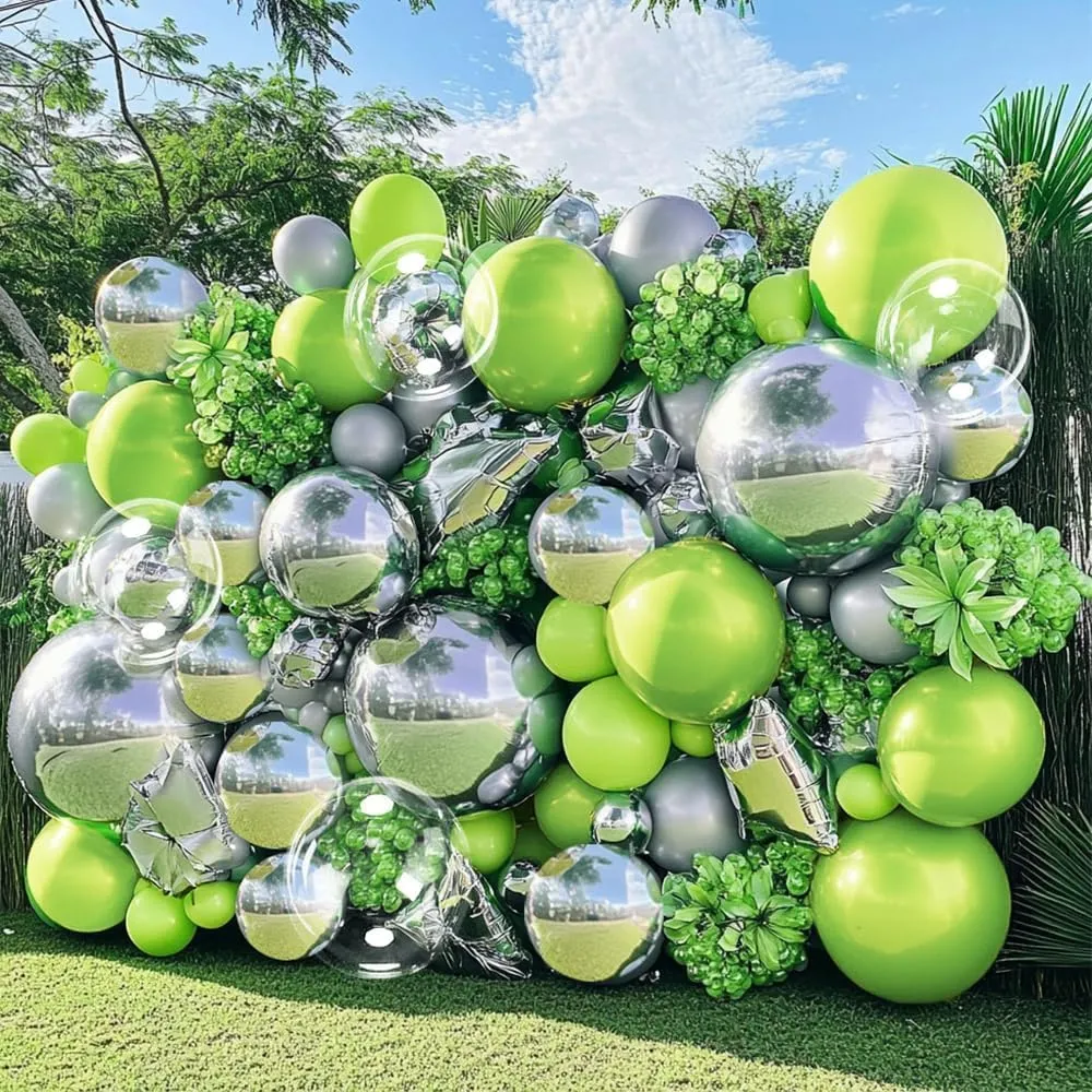 Green Silver Balloon Garland Arch - Metallic Silver Lime Green Pearl Balloon Kit for Baby Shower Birthday Wedding Bridal Shower Graduation Jungle Safari Themed Party Decorations
