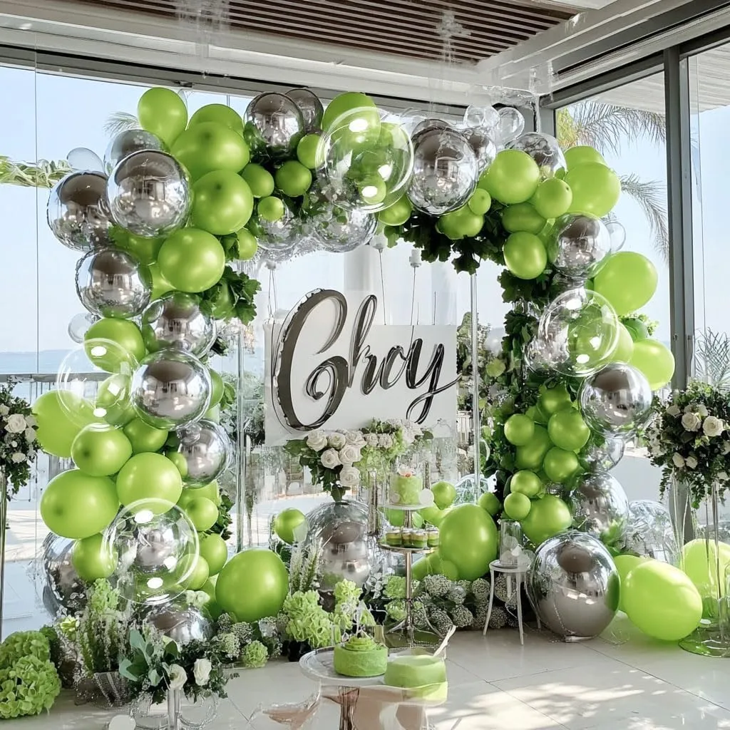 Green Silver Balloon Garland Arch - Metallic Silver Lime Green Pearl Balloon Kit for Baby Shower Birthday Wedding Bridal Shower Graduation Jungle Safari Themed Party Decorations