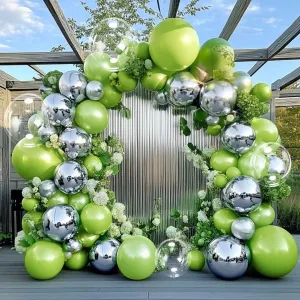 Green Silver Balloon Garland Arch - Metallic Silver Lime Green Pearl Balloon Kit for Baby Shower Birthday Wedding Bridal Shower Graduation Jungle Safari Themed Party Decorations