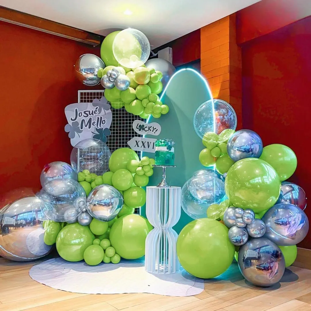 Green Silver Balloon Garland Arch - Metallic Silver Lime Green Pearl Balloon Kit for Baby Shower Birthday Wedding Bridal Shower Graduation Jungle Safari Themed Party Decorations