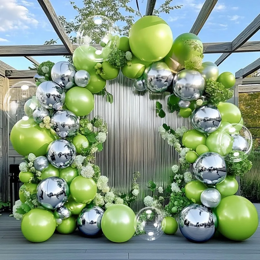 Green Silver Balloon Garland Arch - Metallic Silver Lime Green Pearl Balloon Kit for Baby Shower Birthday Wedding Bridal Shower Graduation Jungle Safari Themed Party Decorations