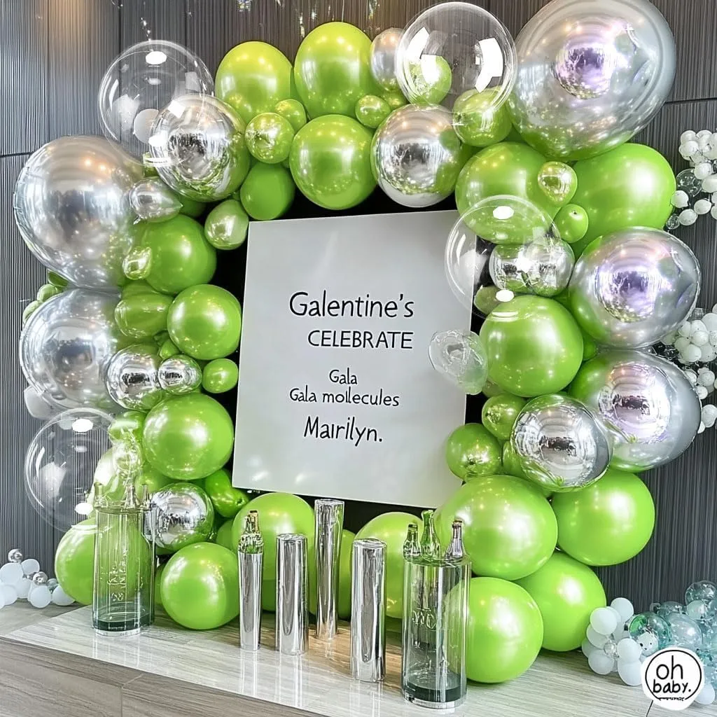 Green Silver Balloon Garland Arch - Metallic Silver Lime Green Pearl Balloon Kit for Baby Shower Birthday Wedding Bridal Shower Graduation Jungle Safari Themed Party Decorations