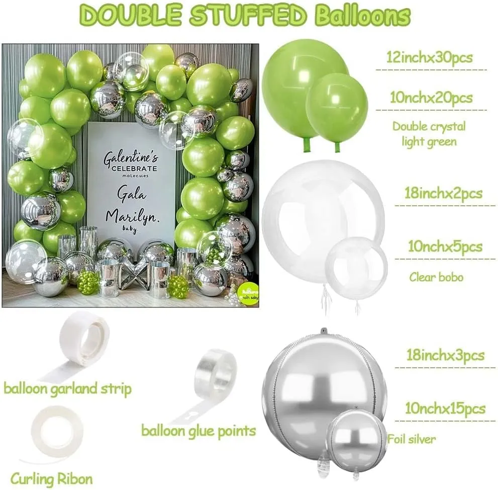 Green Silver Balloon Garland Arch - Metallic Silver Lime Green Pearl Balloon Kit for Baby Shower Birthday Wedding Bridal Shower Graduation Jungle Safari Themed Party Decorations