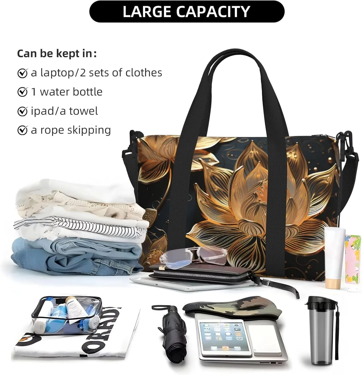Gym Bag Boho Gold Lotus Flowers Duffel Bag for Men Women Travel Overnight Bag with Shoe Compartment Workout Bags