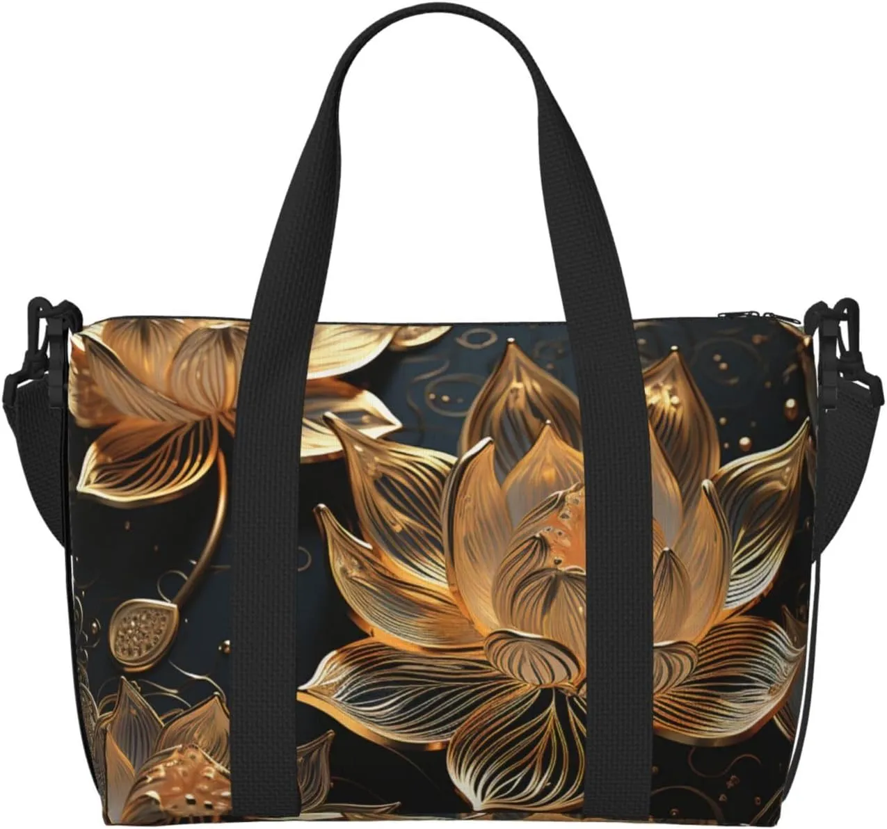 Gym Bag Boho Gold Lotus Flowers Duffel Bag for Men Women Travel Overnight Bag with Shoe Compartment Workout Bags