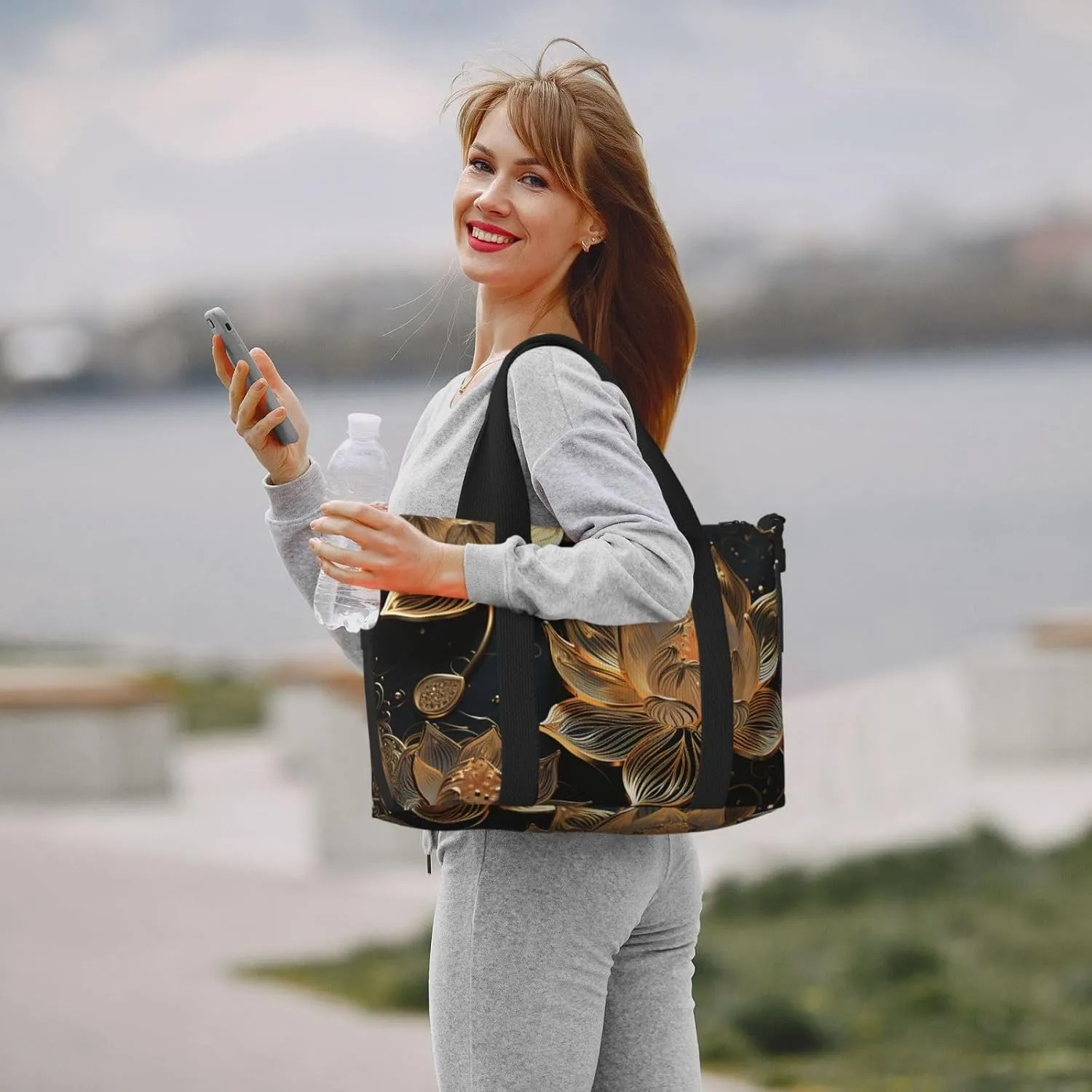 Gym Bag Boho Gold Lotus Flowers Duffel Bag for Men Women Travel Overnight Bag with Shoe Compartment Workout Bags