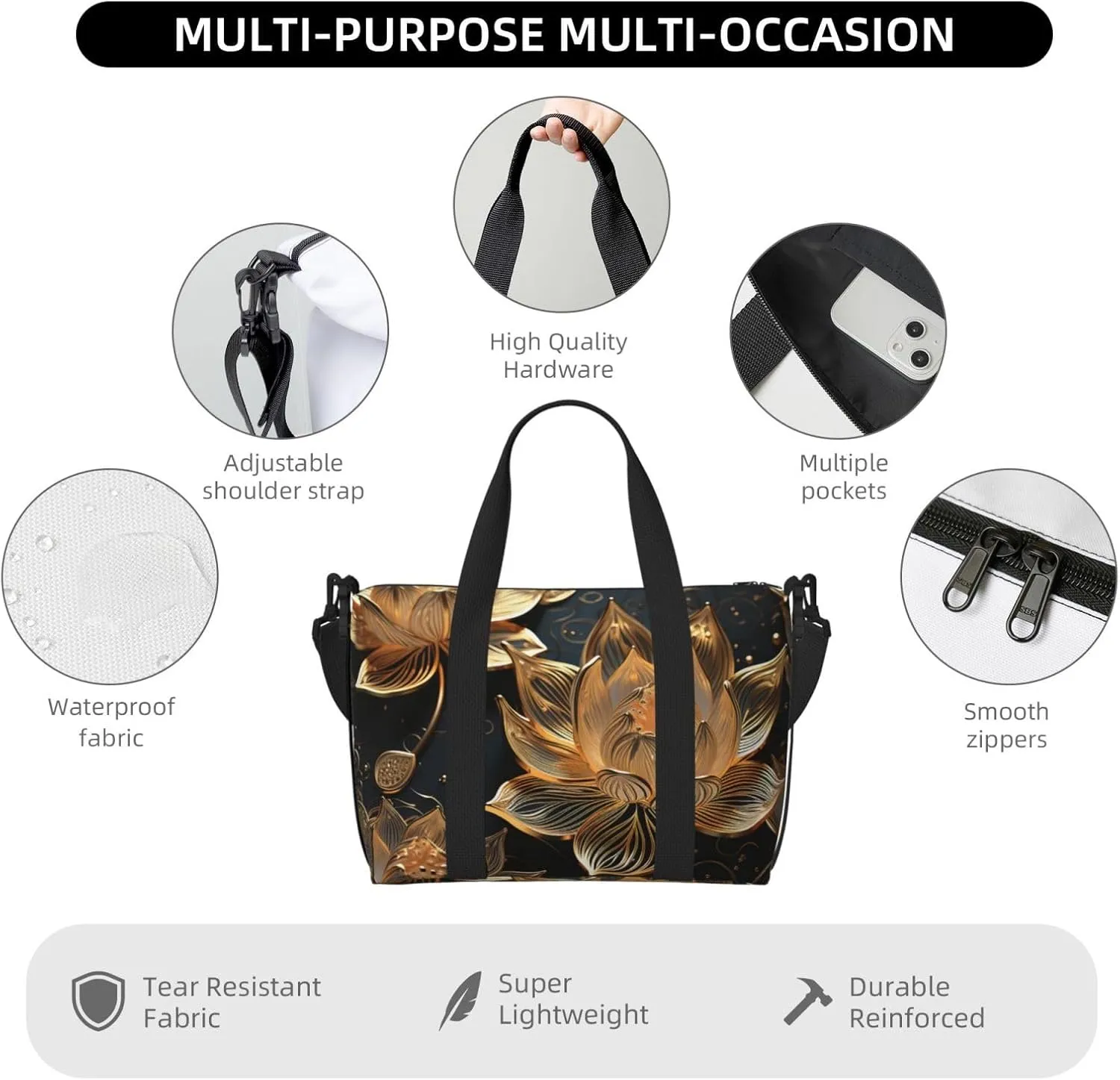Gym Bag Boho Gold Lotus Flowers Duffel Bag for Men Women Travel Overnight Bag with Shoe Compartment Workout Bags