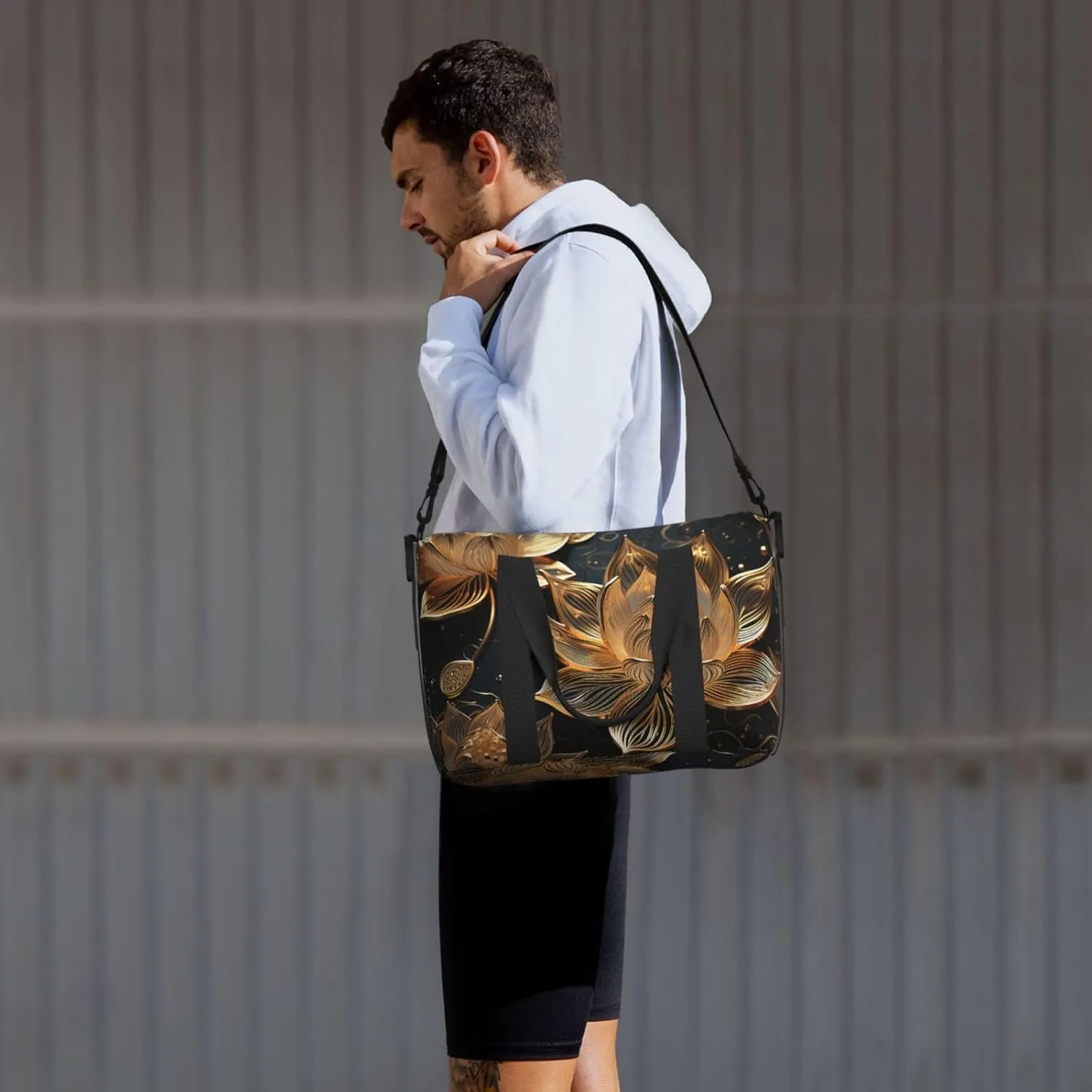 Gym Bag Boho Gold Lotus Flowers Duffel Bag for Men Women Travel Overnight Bag with Shoe Compartment Workout Bags