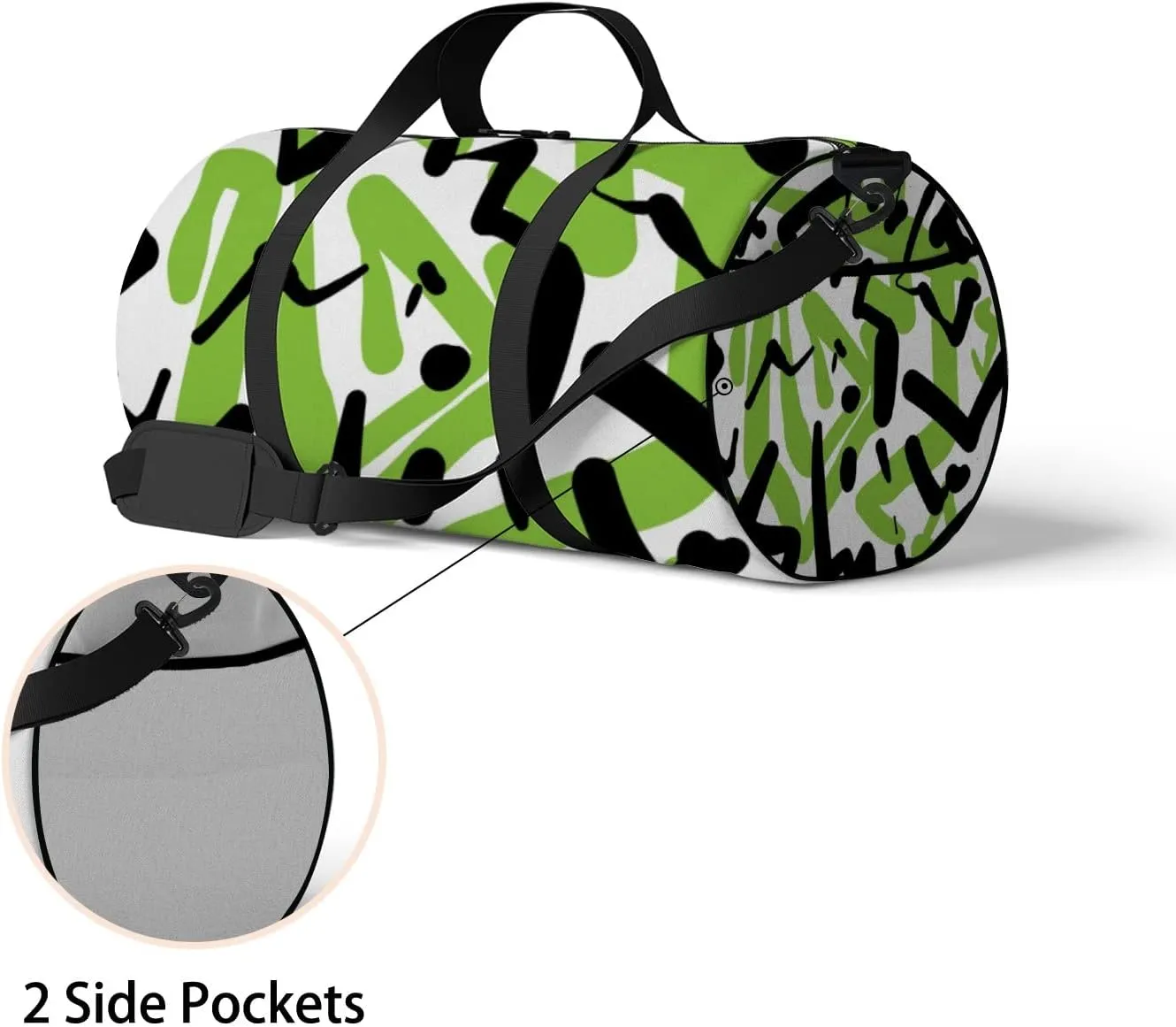 Gym Bag Sports Travel Bag Abstract Shapes Lines Green Black Weekender Bags with 2 Side Pocket Lightweight Waterproof Polyester Tote Bag for Swimming Yoga Women Men 9x17.6inch