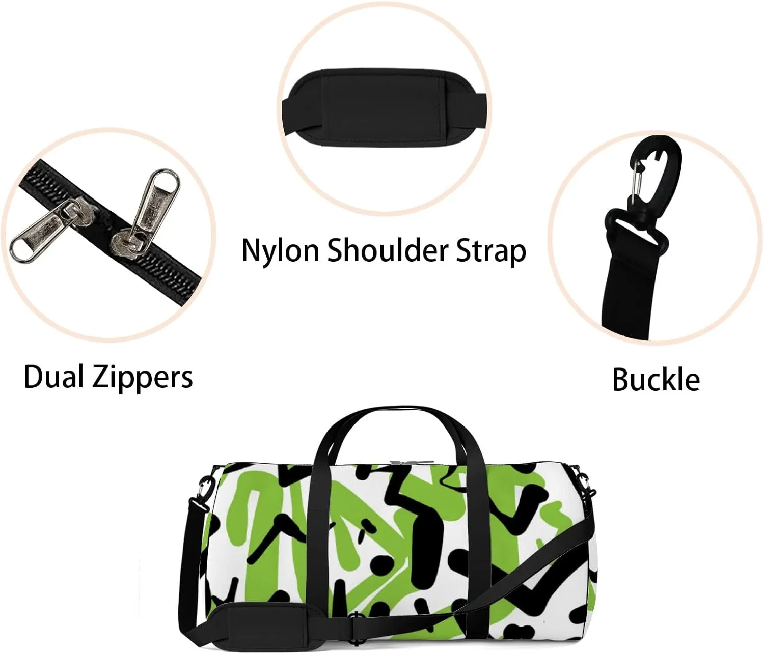 Gym Bag Sports Travel Bag Abstract Shapes Lines Green Black Weekender Bags with 2 Side Pocket Lightweight Waterproof Polyester Tote Bag for Swimming Yoga Women Men 9x17.6inch