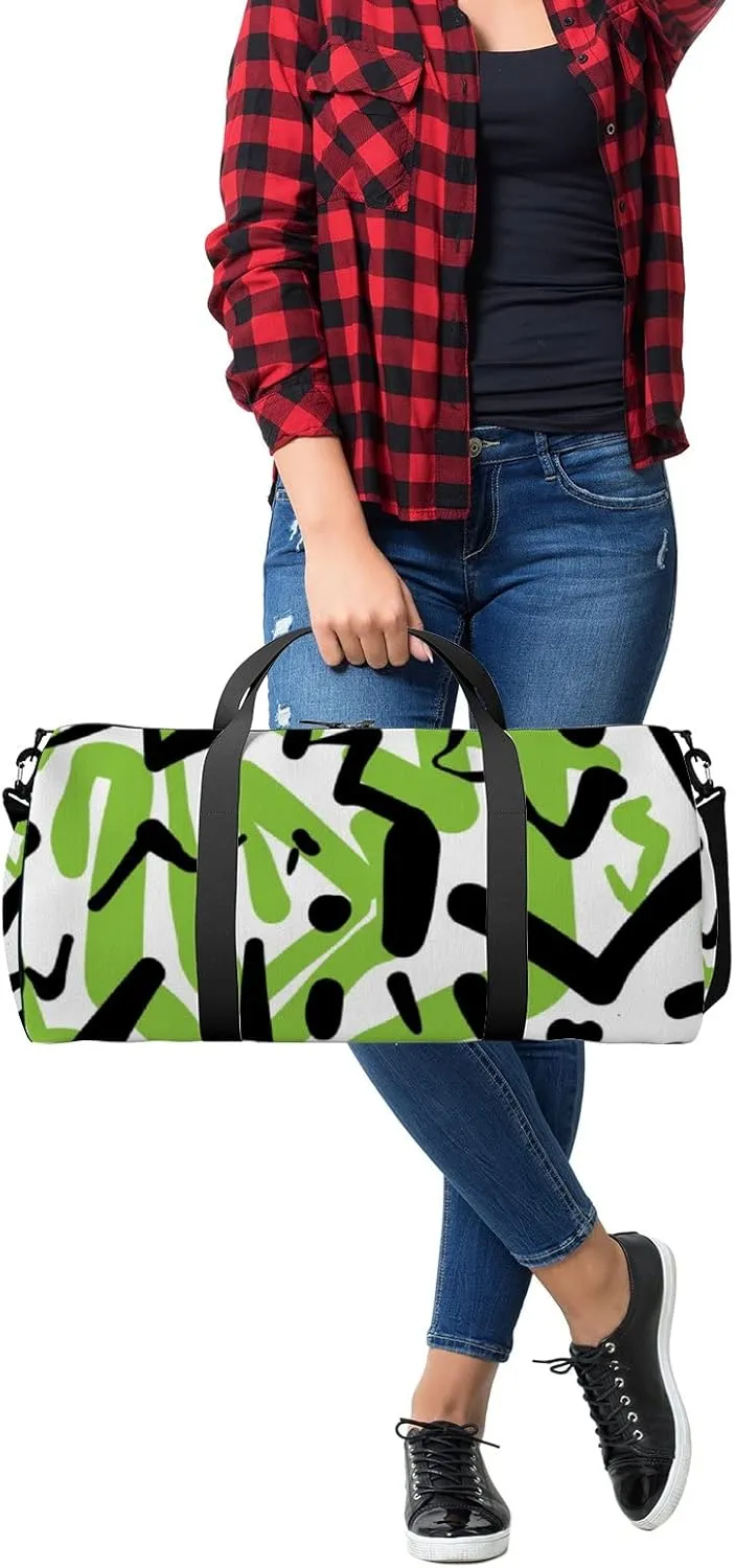 Gym Bag Sports Travel Bag Abstract Shapes Lines Green Black Weekender Bags with 2 Side Pocket Lightweight Waterproof Polyester Tote Bag for Swimming Yoga Women Men 9x17.6inch