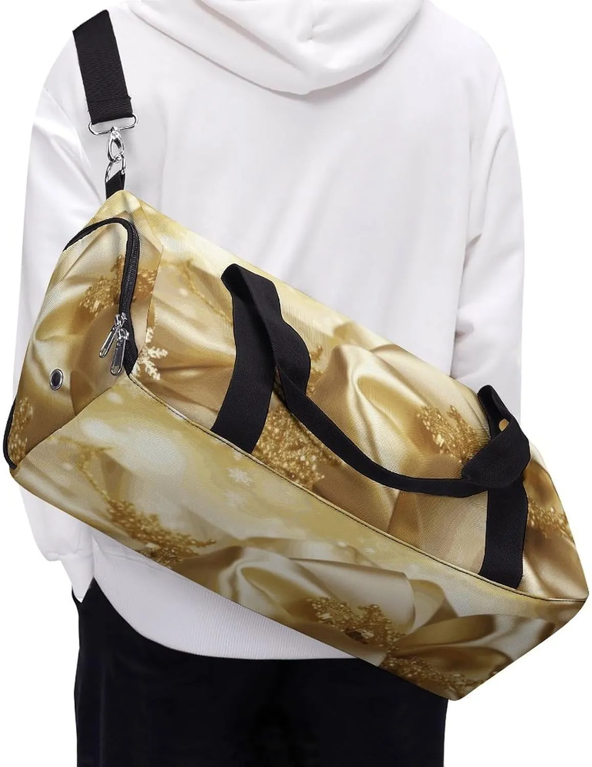 Gym Bags Small Gold Silk Christmas Duffel Bag Overnight Bag with Shoe Compartment Carryon Bag for Men Women
