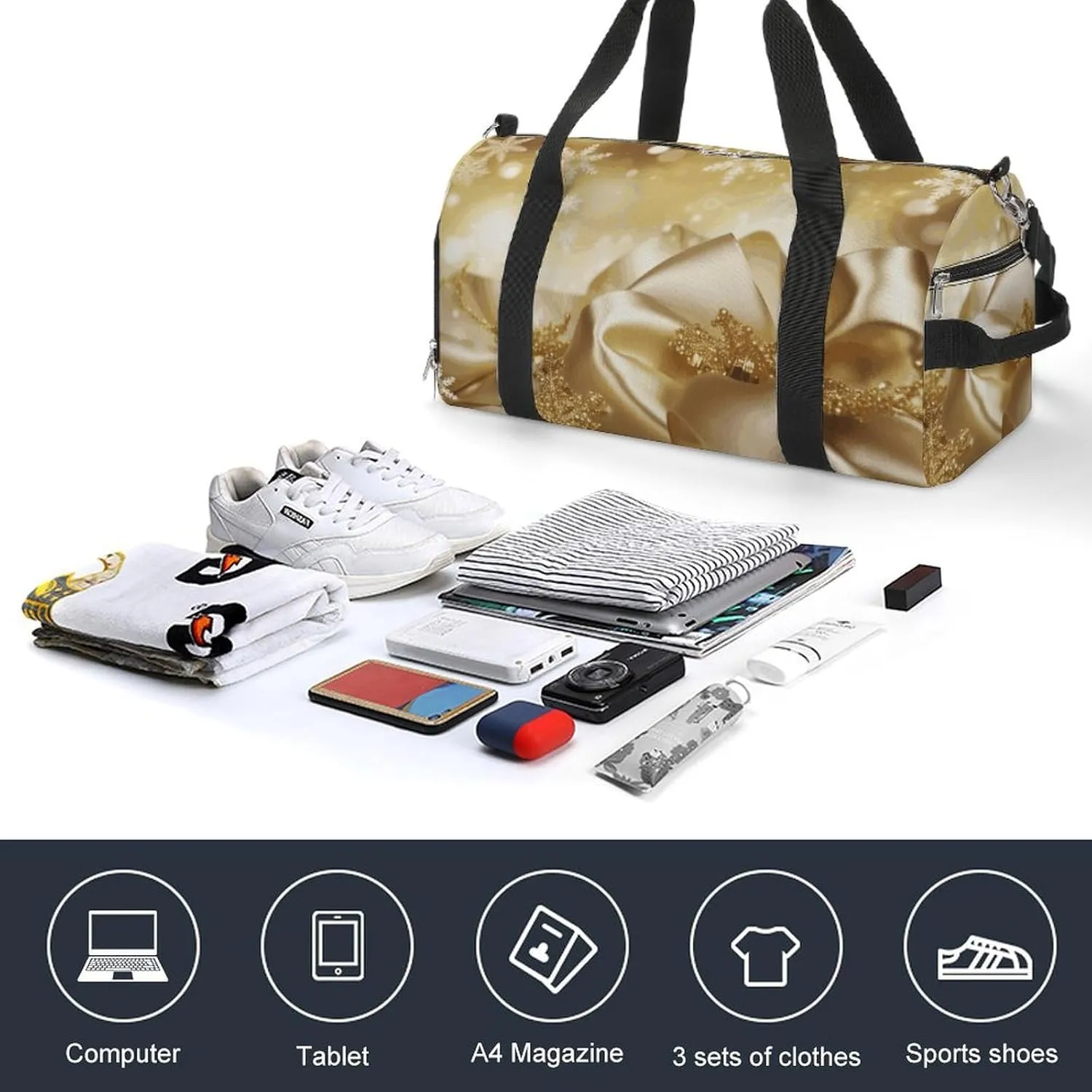 Gym Bags Small Gold Silk Christmas Duffel Bag Overnight Bag with Shoe Compartment Carryon Bag for Men Women
