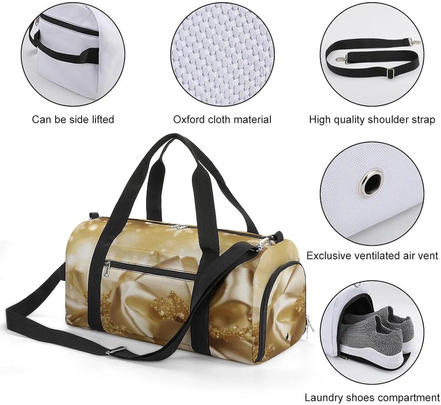 Gym Bags Small Gold Silk Christmas Duffel Bag Overnight Bag with Shoe Compartment Carryon Bag for Men Women